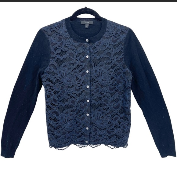 J Crew Women's Lace Front Long Sleeve Cardigan Sweater Black Blue Size Small B2 - Picture 2 of 5